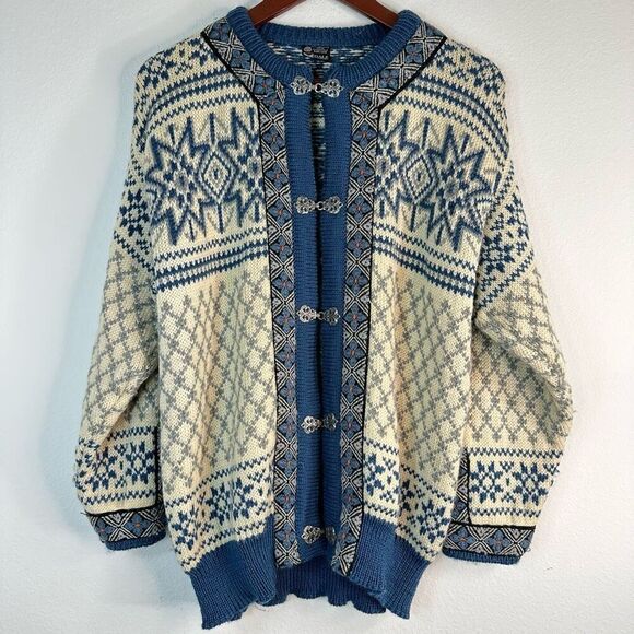 Vintage 90s Dale of Norway Nordic Blue Fair Isle Knit Cardigan Sweater Small - Picture 1 of 8